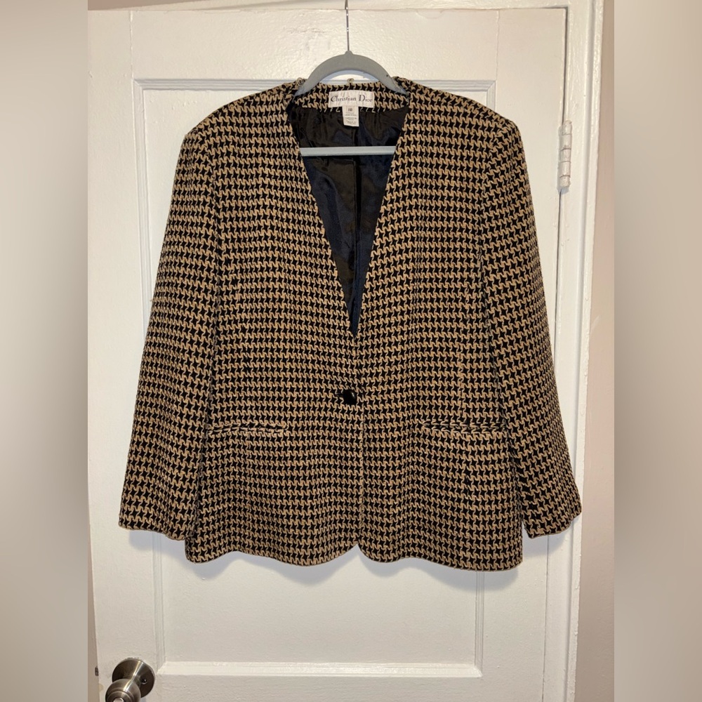 VTG 80s Christian Dior Womens Houndstooth Wool Blazer Jacket Career Black Sz 18 - Picture 2 of 10